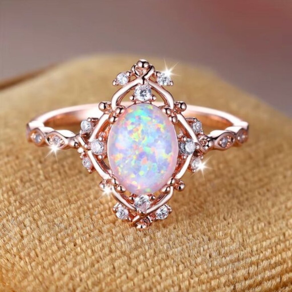 New 14k Rose Gold White Opal Ring Dainty Diamond Opal Ring